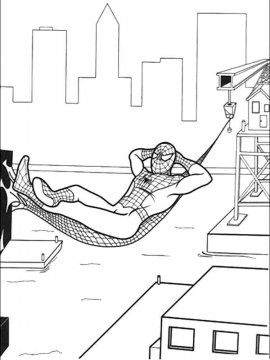 Раскраска Человек паук лежит в гамаке из паутины