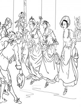 Раскраска женщины с мужчинами на балу