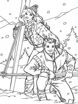Раскраска Барби и Кен с лыжами