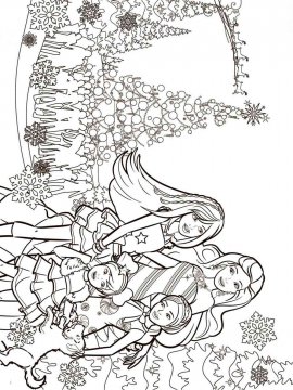 Раскраска Барби с семьей у рождественской елки