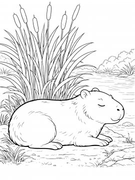 Раскраска капибара спит на берегу реки
