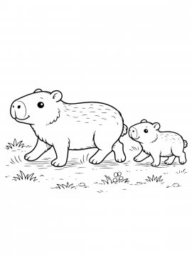 Раскраска капибара с малышем идут