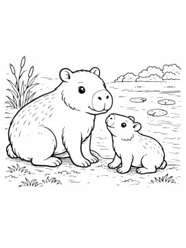 Раскраска капибара и ее дитеныш у реки