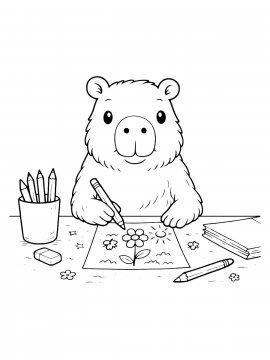 Раскраска капибара рисует карандашами цветок