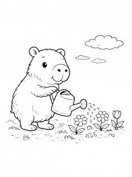 Раскраска капибара поливает из лейки цветочки