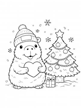 Раскраска капибара в шапке рядом с елкой на новый год