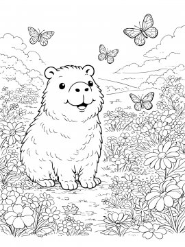 Раскраска капибара в луговых цветах любуется бабочками