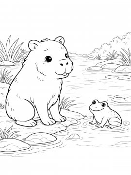 Раскраска капибара у реки, рядом лягушка