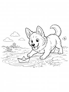 Раскраска собака играет с корабликом в луже