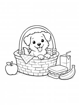 Раскраска щенок сидит в корзинке для пикника