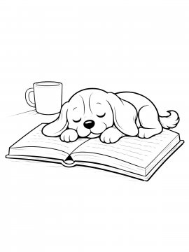 Раскраска собака уснула на книге