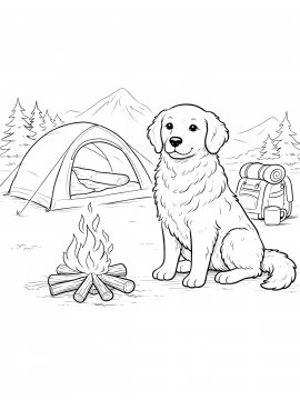 Раскраска золотистый ретривер сидит у палатки и костра