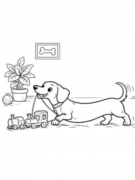 Раскраска такса тянет игрушечный поезд