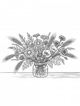 Раскраска букет с полевыми цветами и колосьями пшеницы