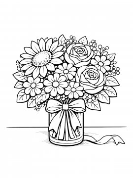 Раскраска праздничный букет, стоящий на столе, с лентой и несколькими лепестками