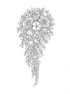 Раскраска каскадный букет с длинными ветвями, свисающими листьями и цветами