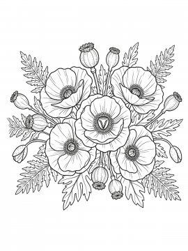 Раскраска букет маков с нежными листьями и семенными коробочками