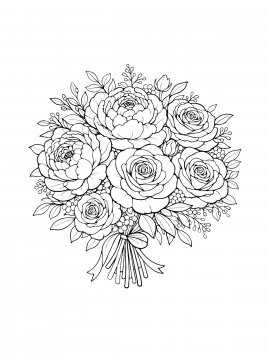 Раскраска пышный смешанный букет с пионами, розами и зеленью