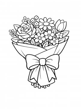Раскраска букет в бумажной обертке с большим бантом и смешанными цветами