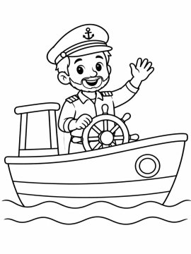 Капитан за штурвалом корабля машет рукой