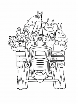 Раскраска Синий трактор с животными