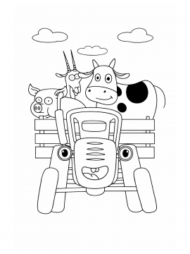 Раскраска Синий трактор везет свинью, козу и корову