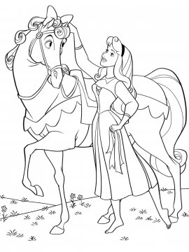 Раскраска Аврора украшает своего коня бантиком