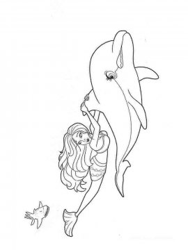 Раскраска Барби русалка и дельфин уплывают от акулы