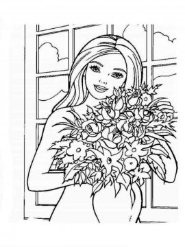 Раскраска Барби с букетом цветов