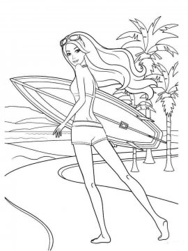 Раскраска Барби с доской от серфинга