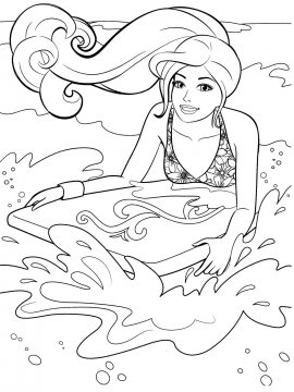 Раскраска Барби плавает на доске для серфинга