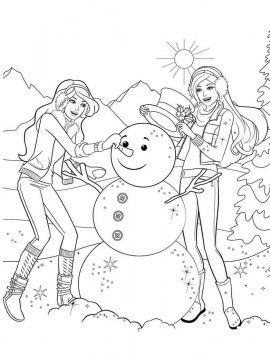 Раскраска Барби с подругой лепят снеговика