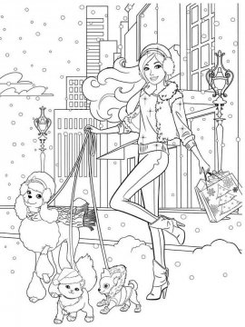 Раскраска Барби зимой гуляет с собачками