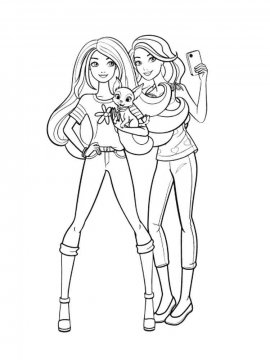 Раскраска Барби с подружкой и питомцем на прогулке