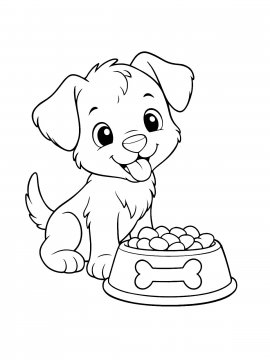 Раскраска Щенок у миски с кормом