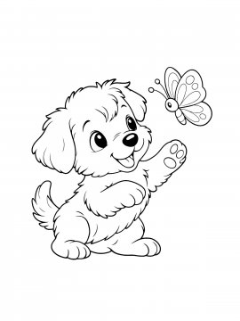 Раскраска Щенок играет с бабочкой