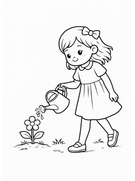 Раскраска Девочка поливает цветы