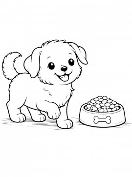 Раскраска Щенок у миски с кормом