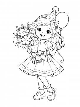 Раскраска Девочка с цветами и шариком