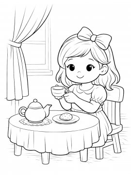 Раскраска Девочка пьет чай