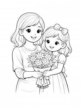 Раскраска Дочка дарит букет цветов маме
