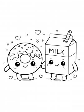 Раскраска Кавайное Молоко и пончик