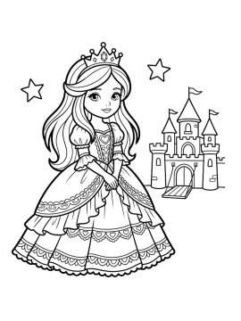 Раскраска Принцесса на фоне замка