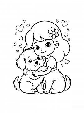 Раскраска Девочка обнимает щенка