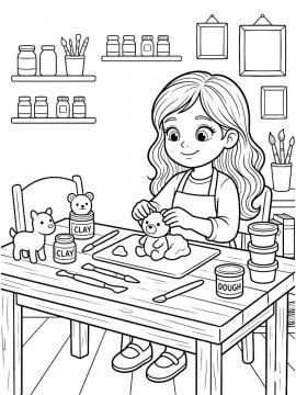 Раскраска Девочка лепит медвежонка