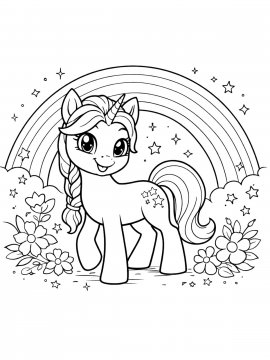 Раскраска Единорожка на фоне радуги