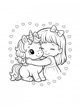 Раскраска Девочка обнимает единорожку