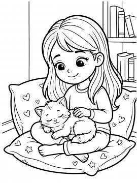 Раскраска Котенок спит на девочке