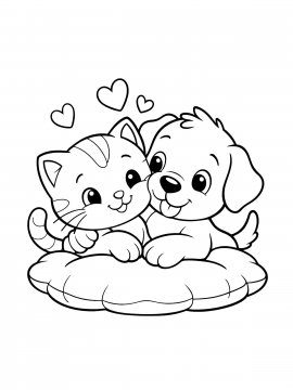 Раскраска Котенок и щенок на подушке
