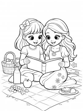 Раскраска Две девочки смотрят альбом